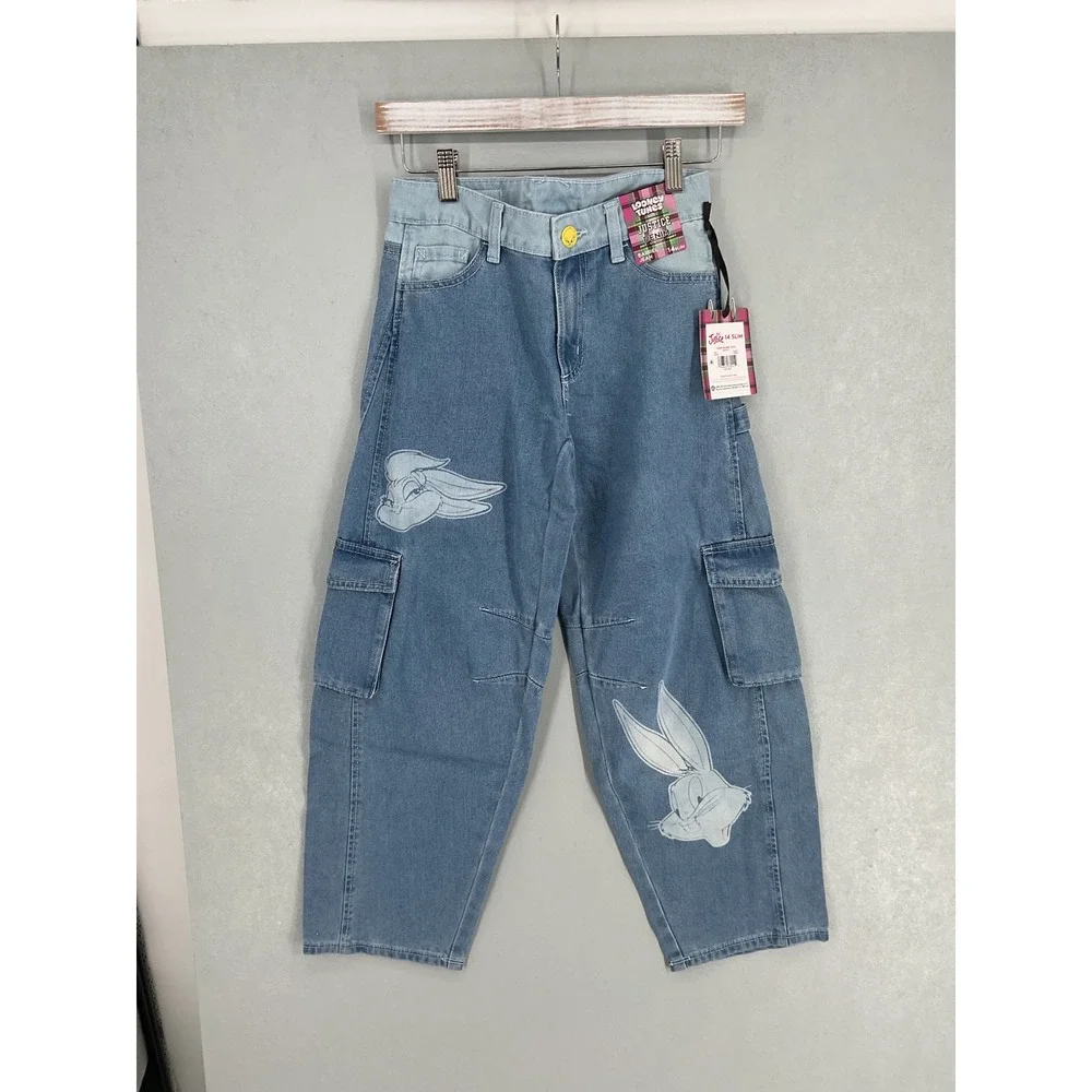Justice Girls Looney Tunes Cargo Barrel Jean Light Wash Bugs Bunny 14 Slim